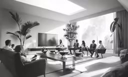 a group of people in a living room sitting in front of a tv
