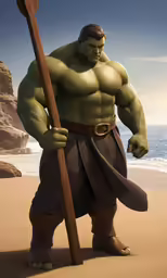 a giant man in shorts and sandals with a pole on the beach