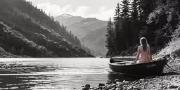 a woman in a boat at the edge of a lake,a black and white photo of a woman in a boat looking out into the water