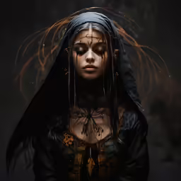 woman with eyes closed and veil covered in thread