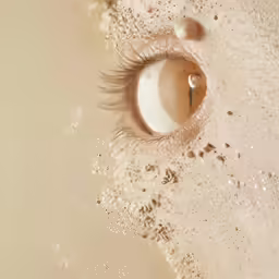 a view from above shows the brown iris of a sand - covered eye