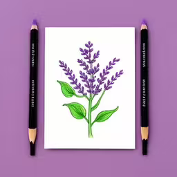 a card with a drawing of lavender flowers and green leaves,a drawing of some flowers on a white card,a pair of black pencils are sitting on top of an uncolored piece of art work,a purple flower and green leaf is depicted on a white card,the plant is purple in color and has two pencils