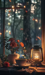 candles are on a table with coffee cups