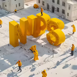 a group of people are standing near some large letters