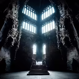 this is a dark looking photo of the stairs in a church