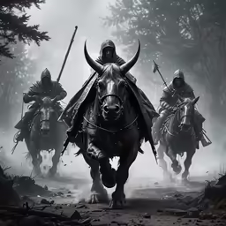 the middle - aged samurais are running in front of them on horses