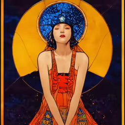 the girl in a red dress and blue hat is looking to her right