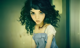 a young woman wearing a dress and green eyes