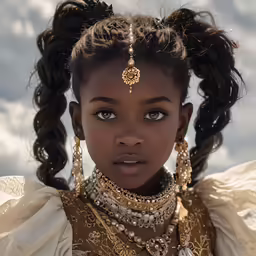 a little girl with braids and a gold collar