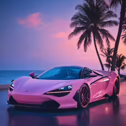 a pink sports car sits near a palm tree