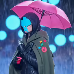 a person with blue face paint and a coat