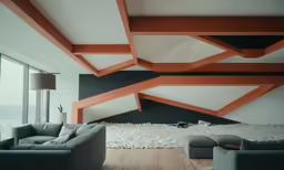 a living room area with modern furniture and huge windows