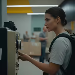 a woman looking at a machine in a factory
