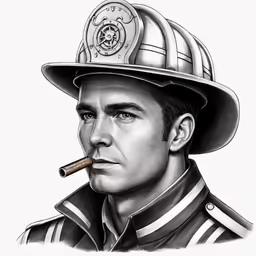 a drawing of a fireman with a cigarette in his mouth