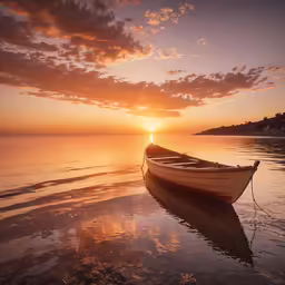 the canoe is sitting on the beach as the sun sets