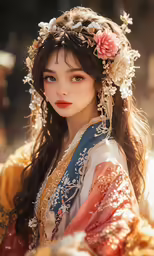 a woman in oriental dress wearing a floral crown