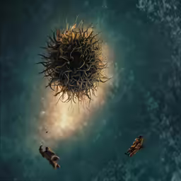 two bears are floating around on a surface