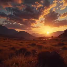 the sun sets behind a valley with several mountains