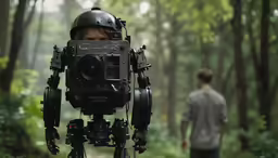 a man in the woods taking a photo with his camera