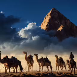 camels stand at the edge of a desert with mountains in the background