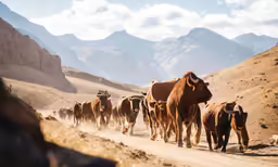 a herd of cattle are traveling down the road