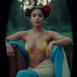 the woman is posing for the camera on a wooden bench