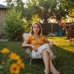 a woman sits in a lawn chair with her arms folded in the grass