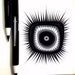 a drawing with a ballpoint pen on it and a piece of paper,a pen and drawing of a black spiral with small white spots