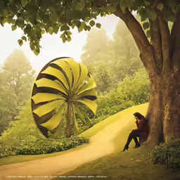 a woman is sitting in the shade under a wind mill