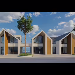 a row of three houses next to each other with trees