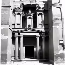 a black and white photo of a tall building with pillars