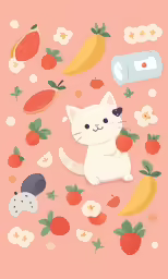 cat standing and surrounded by strawberrys, melons and peaches
