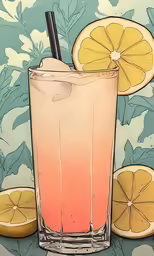 a tall glass filled with orange juice on top of a flowered table cloth