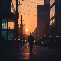 a person walking down the street at sunset