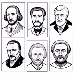 a set of nine portraits of famous men,a group of six historical portraits of men,a drawing of six men, in different poses,four different styles of presidents in black and white,eight people are depicted in an old time image