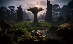 sunlight peeking over several tall standing trees in the forest