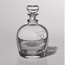 a clear glass decanter sits on a white surface