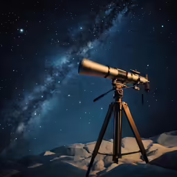 telescope is on tripod in snow at night
