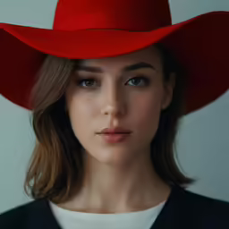woman wearing a red hat looking ahead on gray background