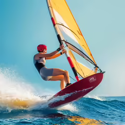 the woman is kite surfing on the waves