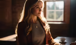 a woman sitting at a table with a glass of coffee
