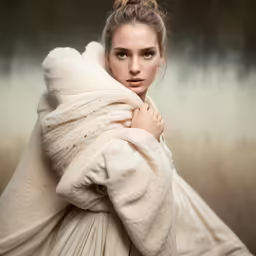 a woman with a towel around her neck