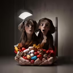 two girls sitting next to each other with fake eyes