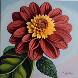 a painting of a red and yellow flower,a painting on canvas of red and yellow flower