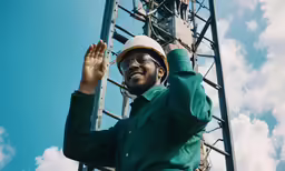 an african american man wearing a hard hat standing next to a power pole