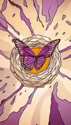 a purple and yellow butterfly sitting in a nest