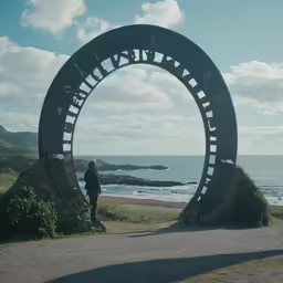 a person standing in the doorway of a round sculpture by a body of water