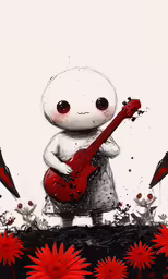 an artistic scene shows a cartoon figure with a red guitar and flowers