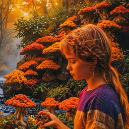 girl in purple shirt holding a butterfly near flowers