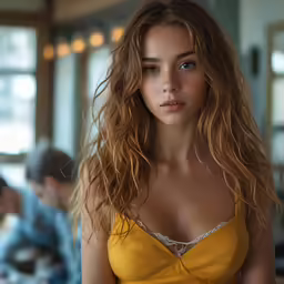a woman in yellow clothes posing in front of a restaurant